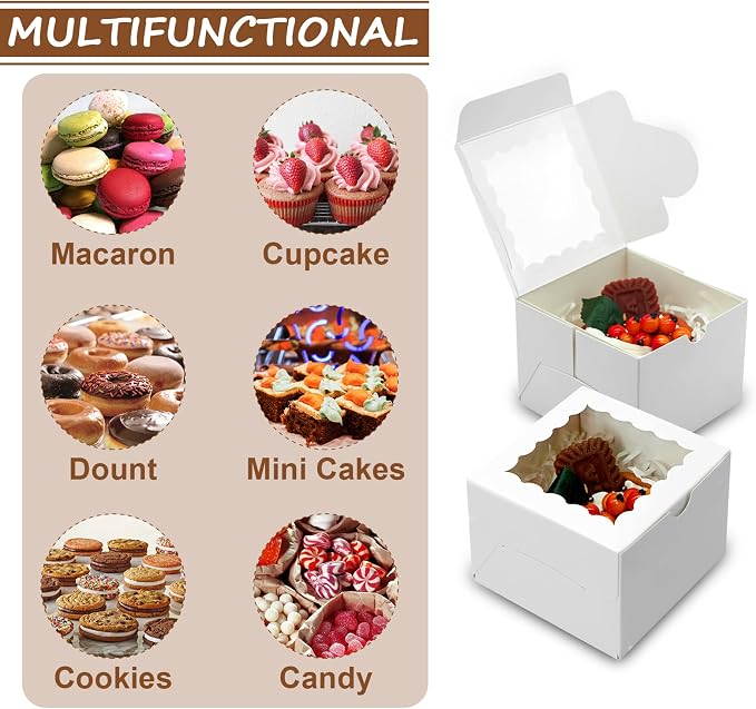 XINHPKGG 100pcs Cookie Boxes 4x4x2.5 Inch Bakery Boxes with Window Treat Box Dessert Box for Wedding Favors Party - White