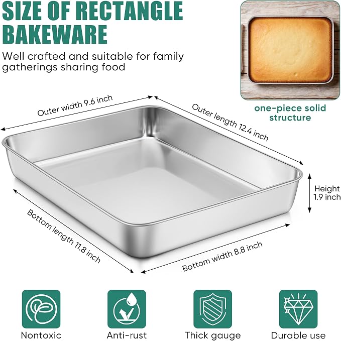 E-far Lasagna Pan, Stainless Steel Rectangular Baking Pan, 12⅓x9¾x2 Inch Sheet Cake Pan Metal Bakeware Oven Tray for Brownie Casserole, No-Toxic & Heavy Duty, Rust-Resistance & Dishwasher Safe