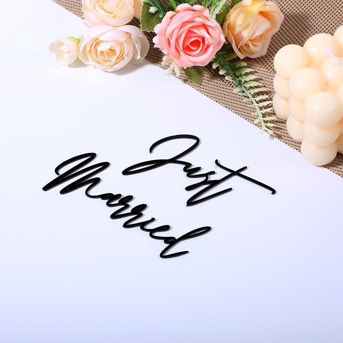 Just Married Cake Topper, Wedding Cake Toppers Engaged Cakes Topper for Bridal Shower Just Married Cakes Decor Bachelorette Party Decorations Black Gold Cupcake for DIY(Black)