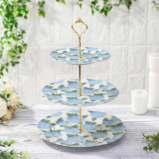 Lallisa 3 Tier Blue Hydrangea Cake Stand 10", 9" and 7" Ceramic Serving Tray Dessert Cupcake Display Holder Tower for Wedding Baby Bridal Shower Tea Party Decoration