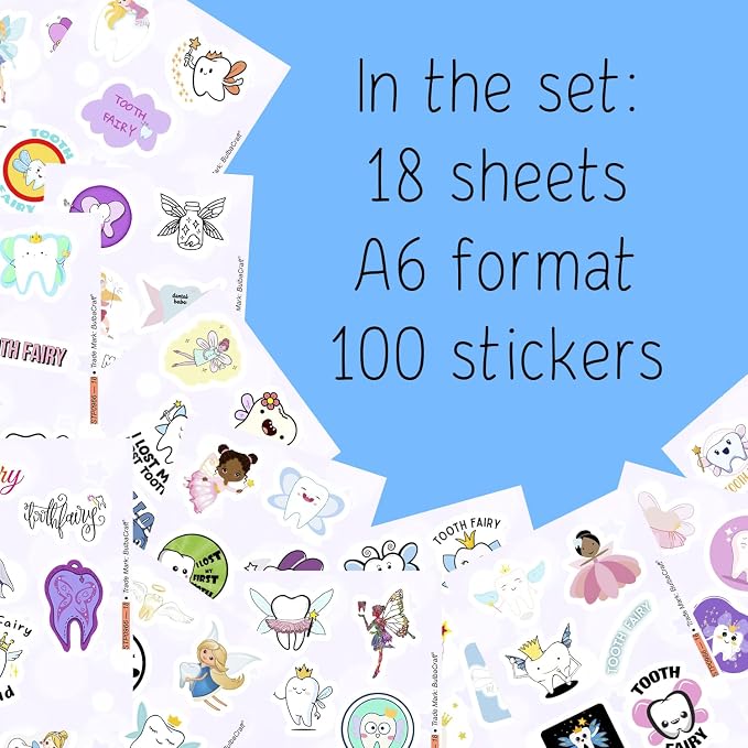 100Pcs Tooth Fairy Stickers for Water Bottle and Laptop - Tooth Fairy Party Supplies & Decorations, Waterproof Vinyl Decals, Dental and Fantasy Stickers, Gifts for Women & Men