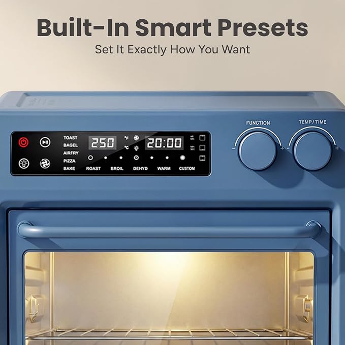 SMIRLY Digital Air Fryer Toaster Oven Combo, 25L Convection Countertop Oven, 10-in-1 Multi-Function Fits 12" Pizza & 6 Slices of Toast, Stainless Steel, Blue