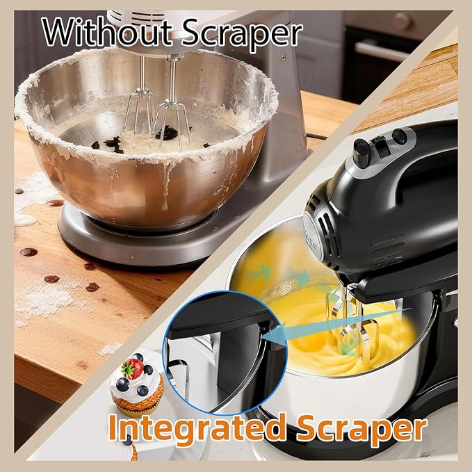 3.2QT 2-in-1 Stand Mixer, Electric Kitchen Mixer with Auto-Rotating Bowl & Tilt-Head, 5-Speed 250W Turbo Baking Machine for Beginners with Beater & Dough Hook for Cookie, Bread, Cake (Black)