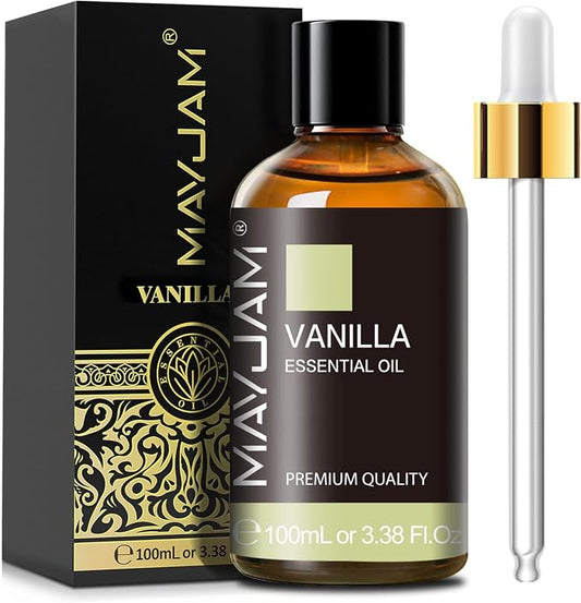 Vanilla Essential Oil 100ml, MAYJAM Premium Essential Oils for Aromatherapy, Diffuser, Soap Making, Candle Making, Large Bottle Vanilla Oil with Gift Box(3.38fl.oz)
