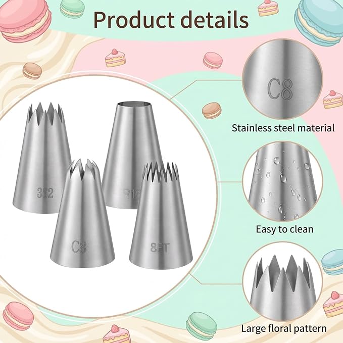 Large Piping Tips Stainless Steel Round Piping Tip Icing Pipings Nozzle Tip Set 4 Pcs Frosting Pipings Kit Pastry Cake Decorating Tips Baking Tools for Cupcake Cake Cookie Decorating