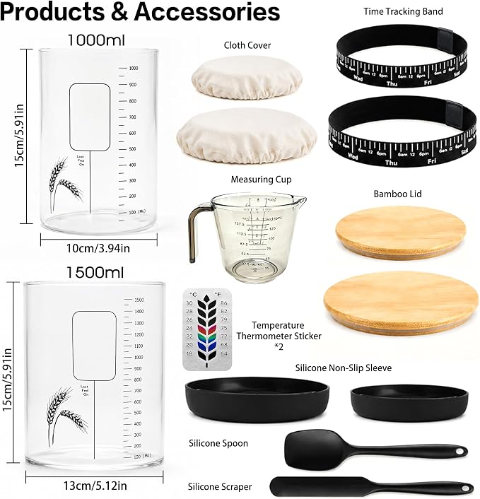 2 Pack Pro Sourdough Starter Jar Kit, 50oz & 34oz Wide Mouth | Large Glass Jars with Lid, Multi-Capacity Dough Storage, For Different Dough Volumes, Sourdough Bread Baking Supplies