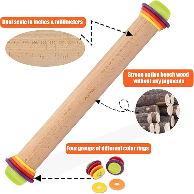 Adjustable Rolling Pin with 4 Thickness Rings, 13.6'' Wooden Dough Roller | Multicolor removable rings( 1/16''to 3/8'') for precise dough thickness, ideal for pizza, pies, pastries, cookies & making