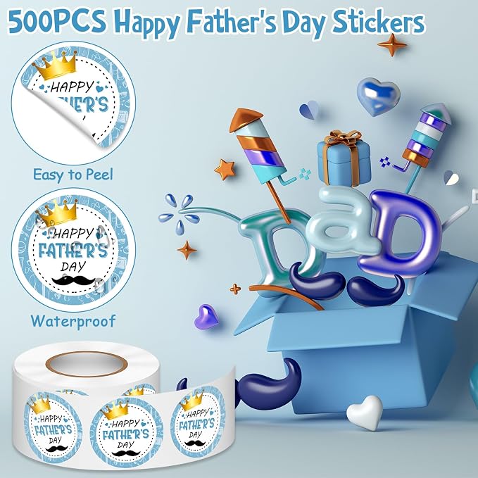 Louise Maelys 500PCS Father’s Day Stickers 1.5inch Round Happy Father's Day Labels with Gold Crown Mustache Design for Gift Wrapping, Cards, Envelopes