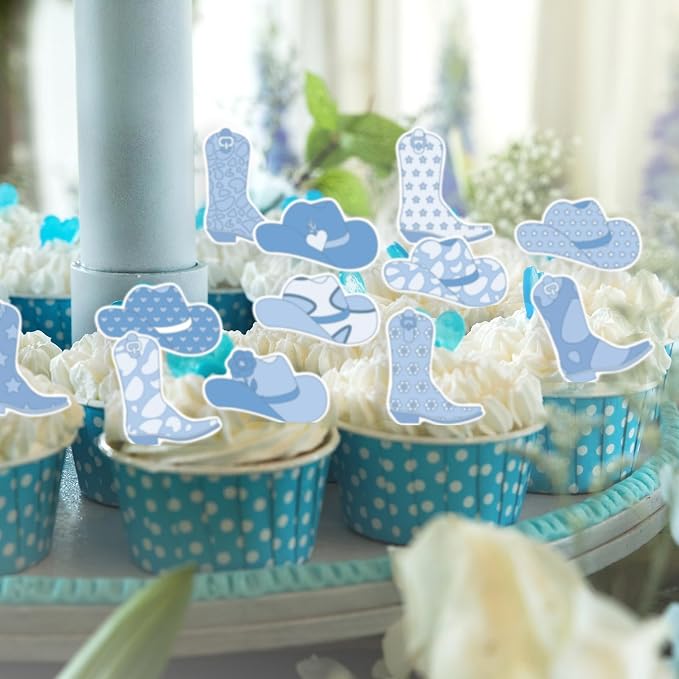 36PCS Edible Cowboy Cupcake Toppers Wafer Paper Blue Horse Boots Hat Cupcake Picks Edible Rodeo Cake Decorations for Western Horse Racing Theme Birthday Baby Shower Party Supplies