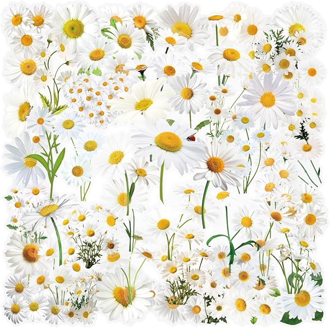 Daisy Flower Stickers - 50PCS Aesthetic White Daisy Stickers Waterproof PET Decals for Journaling, Scrapbooking, Water Bottles, Laptops, Perfect for Plant Lovers & Craft Enthusiasts