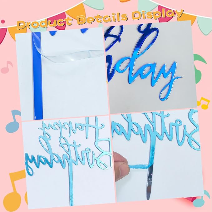Blue Happy Birthday Cake Topper - Acrylic WordArt Design for Cakes and Cupcakes, Suitable for Birthday Party Decoration