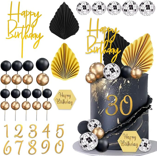 37Pcs Gold Black Balls Cake Topper Man Cake Decorations with Disco Balls Palm Leaves Acrylic Numbers 0-9 and Happy Birthday Cake Topper for Men Boy Black Theme Birthday Baby Shower Party Supplies