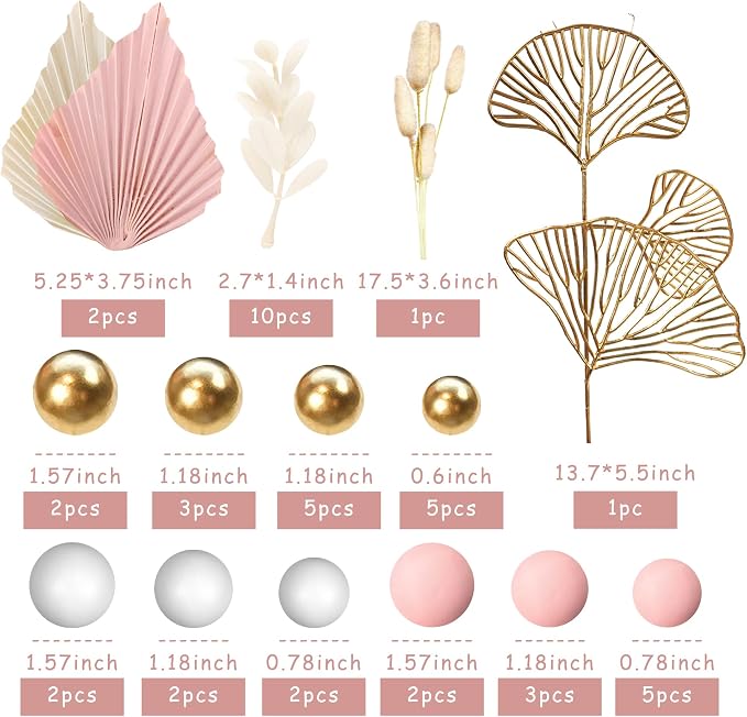 Boho Cake Topper Golden Ginkgo Leaves Cake Decorations with Paper fans White Gold Balls for Wedding Woman Birthday (Pink)
