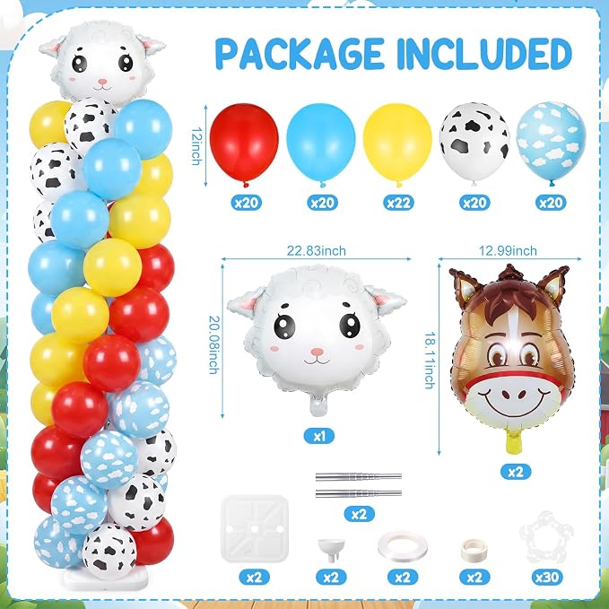 Skylety 2 Sets Farm Animal Balloon Column Stand Kit Adjustable Farm Red Yellow Blue Balloon Tower Stand with Bases for Barnyard Birthday Wedding Graduation Party Baby Shower Decorations Supplies
