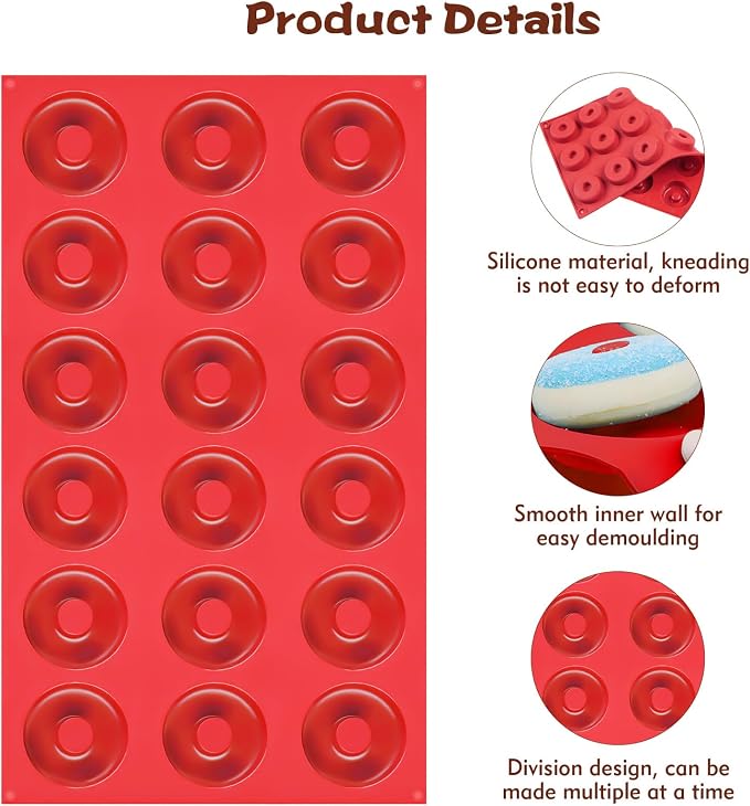 Mini Donut Mold, 18 Cavity Mini Donut Silicone Mold, Heat Resistant Silicone Donut Molds for Baking, Silicone Donut Pan for Baking Muffin Cakes Tart Bread