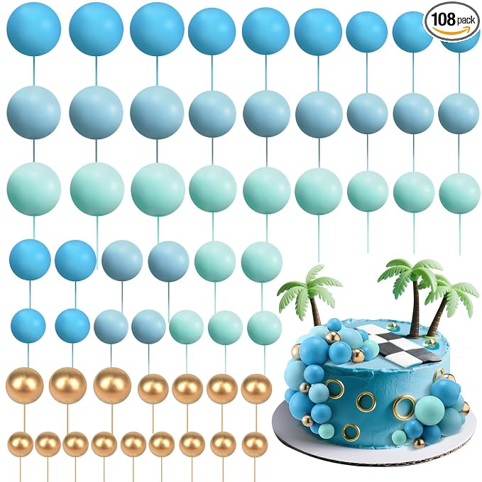 108 Pcs Balls Cake Topper DIY Cupcake Insert Foam Balloons for Cake Baking Wedding Anniversary Birthday Decoration(Blue Gold,Multi Sizes)