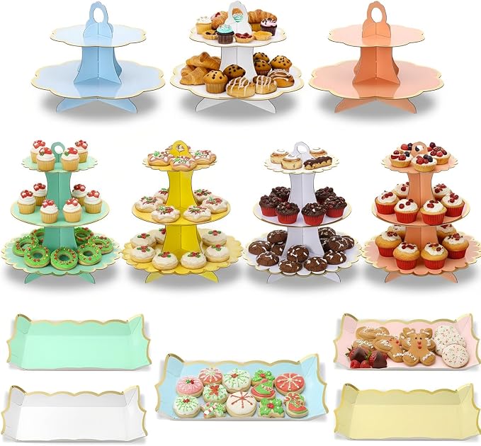 12 Pcs Tea Party Cupcake Stand Decorations Spring Cardboard Cupcake Tower 4 3-Tier Cake Stands 3 2-Tier Cake Holders 5 Trays for Flower Tea Party Princess Birthday Wedding Supplies(Classic)