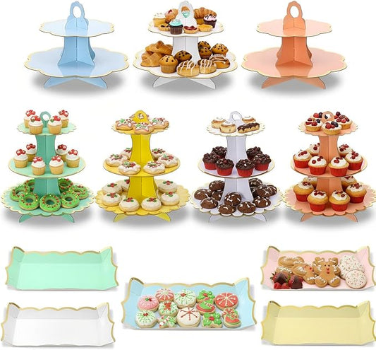 12 Pcs Tea Party Cupcake Stand Decorations Spring Cardboard Cupcake Tower 4 3-Tier Cake Stands 3 2-Tier Cake Holders 5 Trays for Flower Tea Party Princess Birthday Wedding Supplies(Classic)