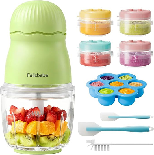 Baby Food Maker, Small Baby Food Processor Set, Fruit, Vegatable, Meat, 10oz Baby Food Maker & Puree Blender with Baby Containers, Food Freezer Tray, Silicone Spoons, Spatula, Green