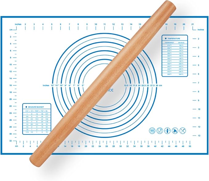 Wood French Rolling Pin for Baking, QUELLANCE Wooden Dough Roller with Silicone Baking Mat, Beech Wood Rolling Pins for Baking Dough, Pizza, Pie, Pastries, Pasta and Cookies,Blue Pastry Mat
