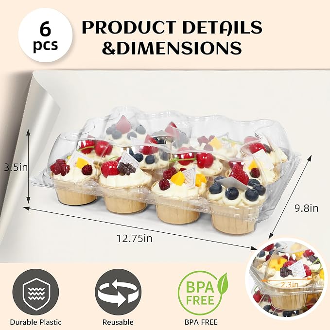 WIKDAY 12 Count x 6 Sets Plastic Cupcake Containers, Durable and BPA-Free Cupcake Holder with Lid for Easy Transport Storage, Stackable Clear Cupcake Carriers, Reusable Dessert Boxes