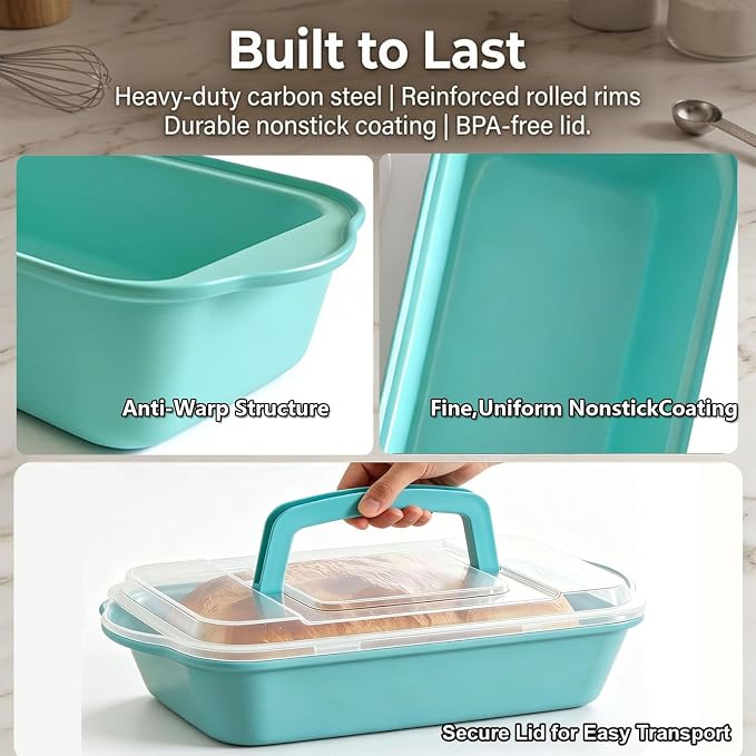 2 Pack 9x5 Inch Loaf Pan with Lid, Nonstick Bread Pans for Baking | Bake, Store & Carry, Heavy Duty Carbon Steel, Perfect for Banana Bread, Homemade Bread & Meatloaf, PFOA-Free