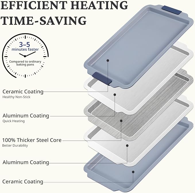 BRONYPRO Non Stick Ceramic Baking Sheet Pan Set of 3, Non Toxic Cookie Sheets (PFAS/PFOA/PTFE Free), Aluminized Steel Oven Trays with Silicone Handles, Rust-Resistant, Warp-Resistant to 500°F, Navy