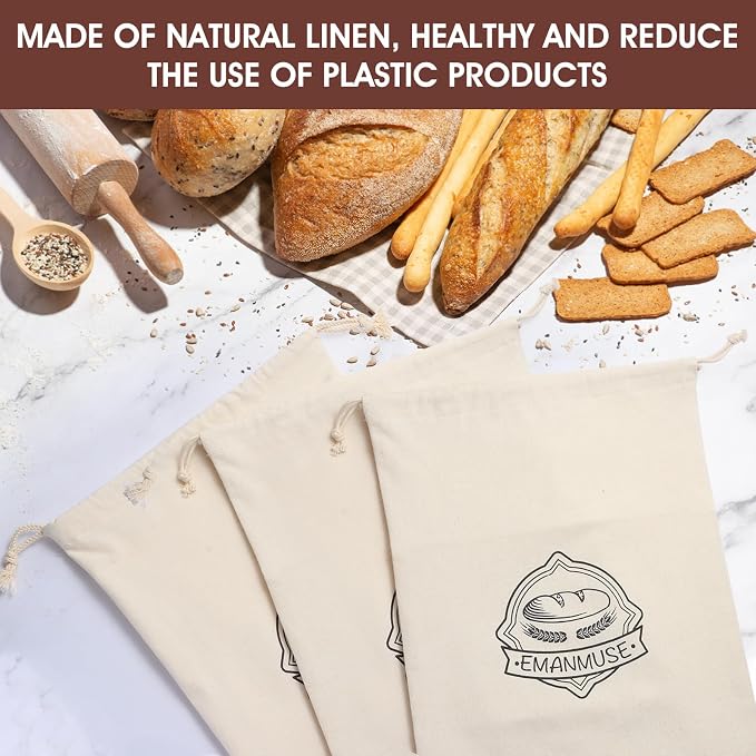 5 Pack Linen Bread Bags for Sourdough, Homemade Bread, TPU Lined | 5 pack linen bread bags with TPU lining, 12 x 17.5 in, for sourdough, loaves, rolls, bagels, reusable