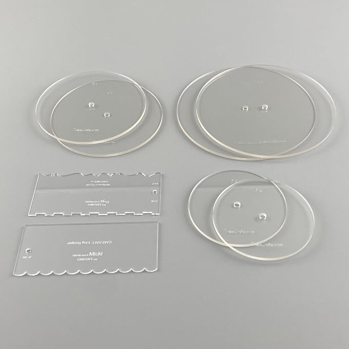 CAKESAFE Essential Cake Decorating Acrylic Disk Kit - 3 Sets - Round 6.0", 8.0", 10.0" Disk Sets (2 disks per size), 2-8" Icing Scrapers with 1 Scraper Edge and 3 Cake Comb Patterns