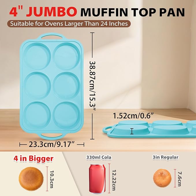 Nonstick Silicone Muffin Top Pan: 4 Inch Jumbo Silicone Egg Molds with Metal Frame for Baking Breakfast Sandwiches/English Muffins Egg Bites Hamburger Buns - for Oven Housewife (Beige& Mint Green)