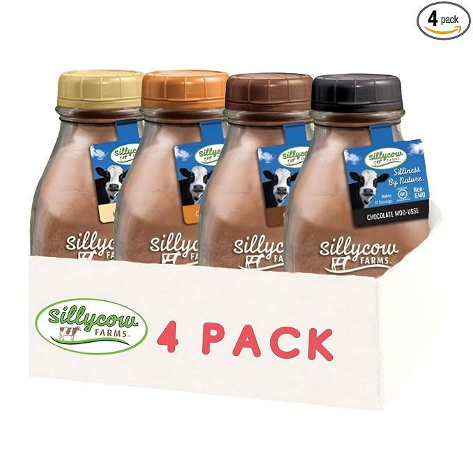 Sillycow Farms Hot Chocolate Variety Pack | Chocolate,Truffle, Moo-Usse & Marshmallow Swirl | Rich Hot Cocoa | Gluten-Free, Non-GMO, Dairy-Free | 16.9 Oz Reusable Glass Bottle - Pack of 4