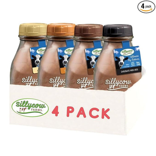 Sillycow Farms Hot Chocolate Variety Pack | Chocolate,Truffle, Moo-Usse & Marshmallow Swirl | Rich Hot Cocoa | Gluten-Free, Non-GMO, Dairy-Free | 16.9 Oz Reusable Glass Bottle - Pack of 4