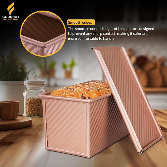 1lb+1lb set Nonstick Pullman Loaf Pan With Lid For Homemade Bread Carbon Steel Sandwich Bread Baking Mold With Sliding Lid Durable Toast Box For Square Loaf Shokupan Soft Milk Bread & Gift Box