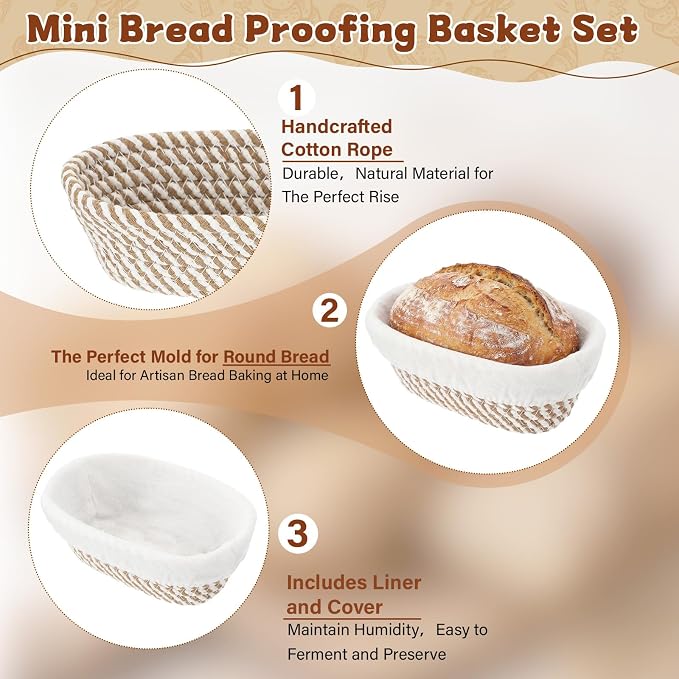 6 Set 6.9 Inch Mini Banneton Bread Proofing Basket Natural Cotton Rope Proofing Bowls Kit with Cloth Liner Small Sourdough Bread Baking Supplies for Home Baking (Brown)