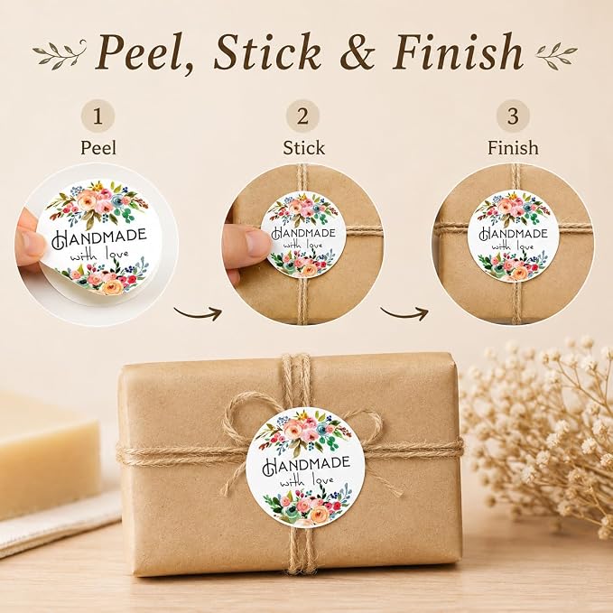 Handmade Floral Stickers Labels: Strong Adhesive 120 Pcs 1.6" Round Seals for Bakery Treat Bags Gift Wrap Envelope Closing for Small Business Packaging Wedding Shower Favors