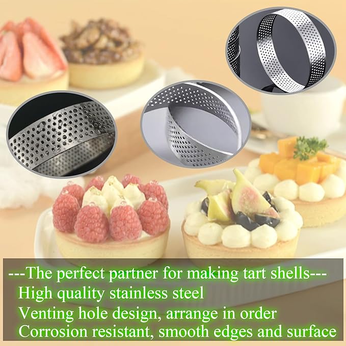 DATANYA 12Pack Tart Rings Perforated Tart Ring, Stainless Steel Cake Rings 4 Inch Round Mousse Ring Molds for Baking Cooking Dessert, small fruit tartet crust