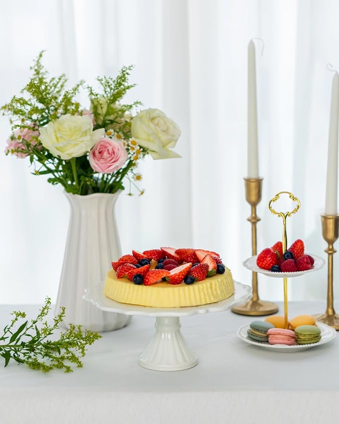 10 Inch Cake Stand, Relief Round Dessert Cake Stand for 8 Inch Cake, Ceramic Cupcake Stand for Birthday, Wedding, Baby Shower, Tea Party and Other Celebrations(White)