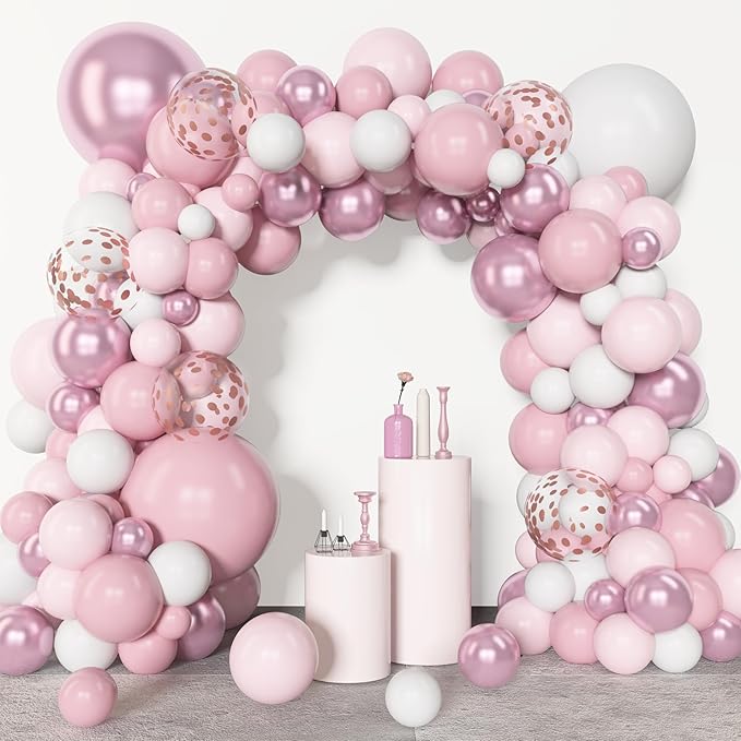Amandir 153pcs Pink White Balloons Arch Garland Kit, Different Sizes 18 12 10 5inch Pastel Light Latex Metallic Confetti Pink Balloons Valentines Shower Wedding Bow Coquette Birthday Party Decorations