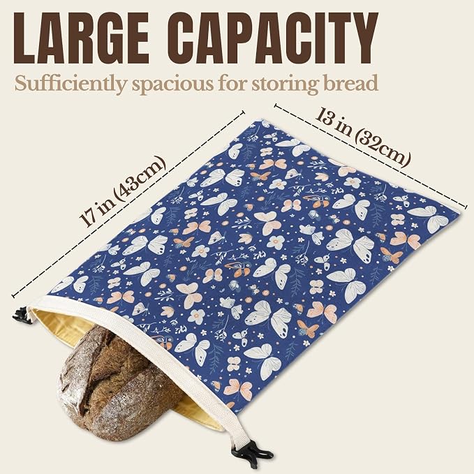 InnoBeta Beeswax Bread Bags for Sourdough & Homemade Bread, 2 Pack Reusable Cotton, 17"x13", Blue Butterfly