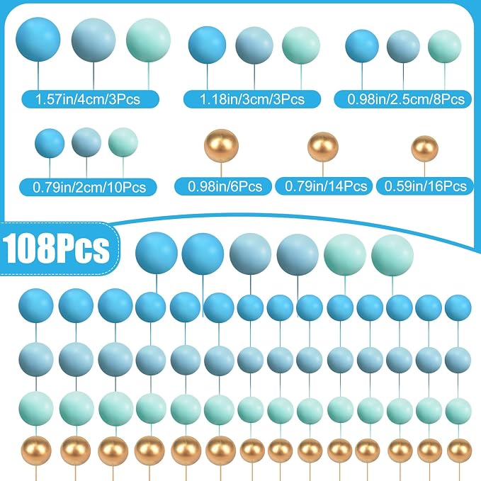 108 Pcs Balls Cake Topper DIY Cupcake Insert Foam Balloons for Cake Baking Wedding Anniversary Birthday Decoration(Blue Gold,Multi Sizes)