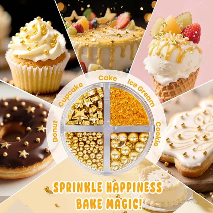 Edible Gold Pearl Sprinkles for Cake Decorating, 160g/5.64oz, Gold Sugar Sanding and Star Sprinkles for Cupcake, Cookie, Baking Cake Decorations, Holiday, Wedding Party, Valentine's Day Supplies