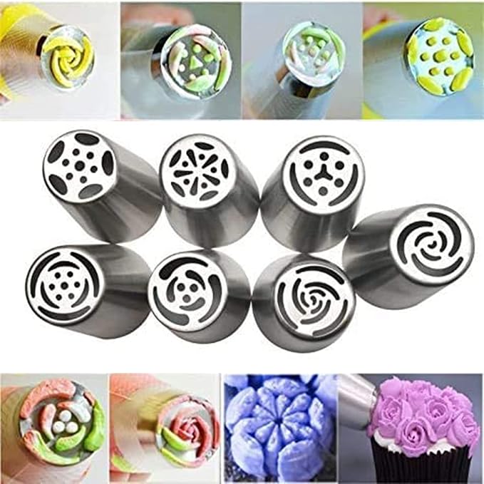Russian Icing Piping Nozzles Tip, Hsxxf 7PCS Russian Piping Tips Stainless Steel Piping Tips Piping Nozzles Cake Piping Icing Nozzles Cake Decorating Tips Set for DIY Baking Tools (7PCS)