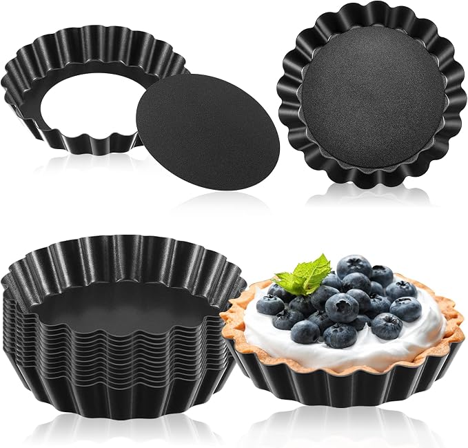 Tessco for you 16 Pcs Mini Tart Pans for Baking, 3 Inch Quiche Pans with Removable Bottom, Nonstick Egg Tartlets Molds Fluted Side Bakeware for Pie Fruit Tart Cheesecake Dessert (Black Gray Round)
