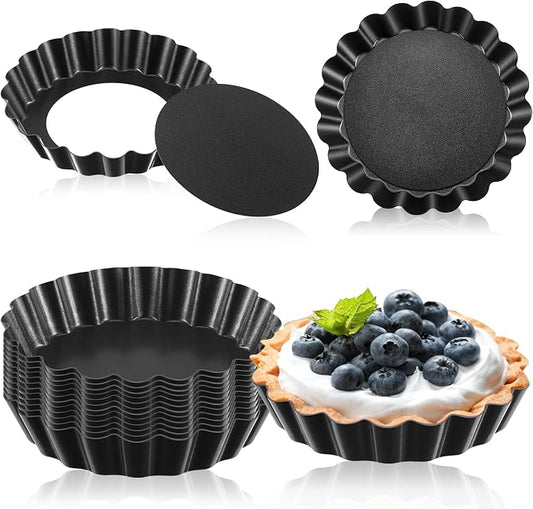 Tessco for you 16 Pcs Mini Tart Pans for Baking, 3 Inch Quiche Pans with Removable Bottom, Nonstick Egg Tartlets Molds Fluted Side Bakeware for Pie Fruit Tart Cheesecake Dessert (Black Gray Round)