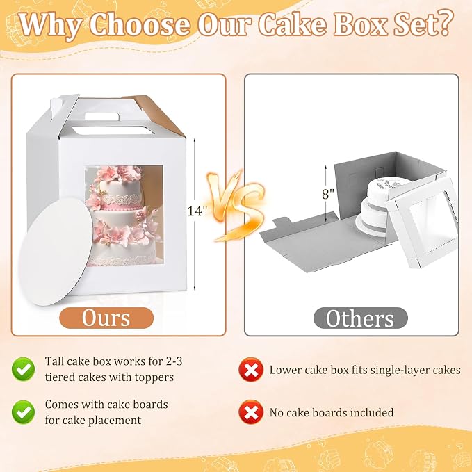 3 Pack Tall Cake Box for Tier Cake with Cake Board, 12 x 12 x 14 Inch Large Tiered Cake Carriers with Clear Windows & Handle, Disposable Bakery Take Out Transport Container for Birthday Wedding Party