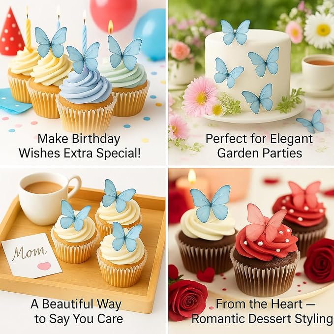 Confect Edible Wafer Paper Butterflies Set of 56 – Colorful Sky Blue Butterfly Cake Decorations, Cupcake Toppers for Birthday, Wedding, Party – Edible Butterfly Toppers