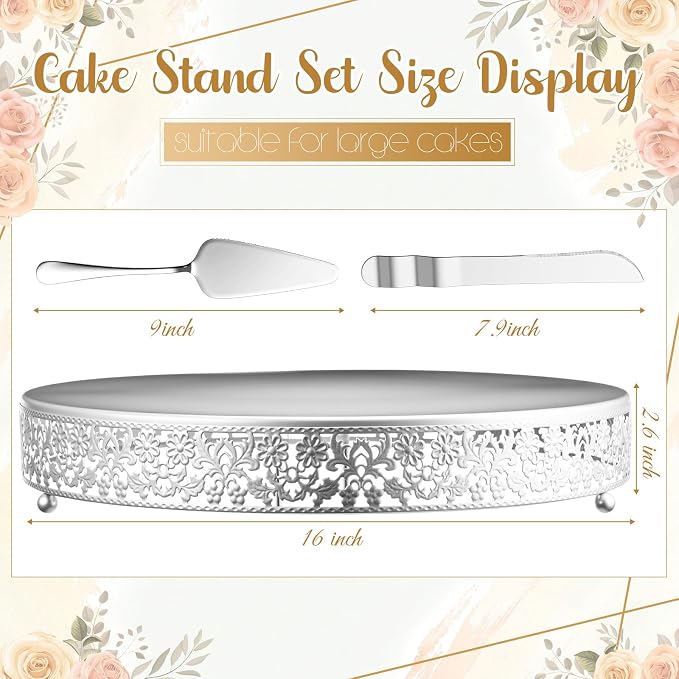 Wenqik 16 Inch Silver Cake Stand Set Metal Round Cupcake Dessert Stand with Cake Cutting, Flower Spatula Wedding Cupcake Pastry Display Candy Holder Display for Wedding Party Birthday Baby Shower