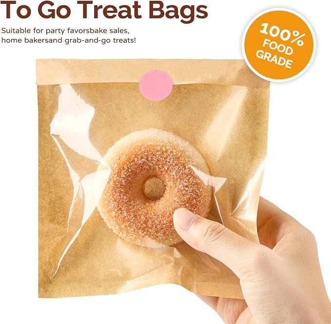 Ocmoiy Cookie Packaging Bags with Seal, 5.7 x 6.5 Inch, 100 Pack | Heat-Sealable & Grease-Resistant, Paper Bakery Bags with Window, Bake Sale Sleeves, For Treat, Donut, Brownie, Cake Slice