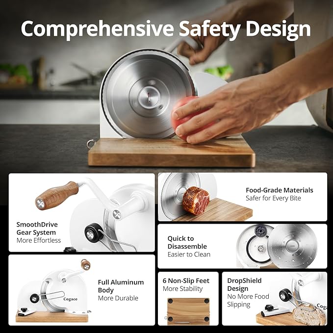 Foldable Manual Bread Slicer with Dual German RSG Blades, Homemade & Sourdough Bread, Adjustable Thickness & Scale, Hand Crank Cutter, Durable Aluminum Alloy Body & Acacia Wood Base