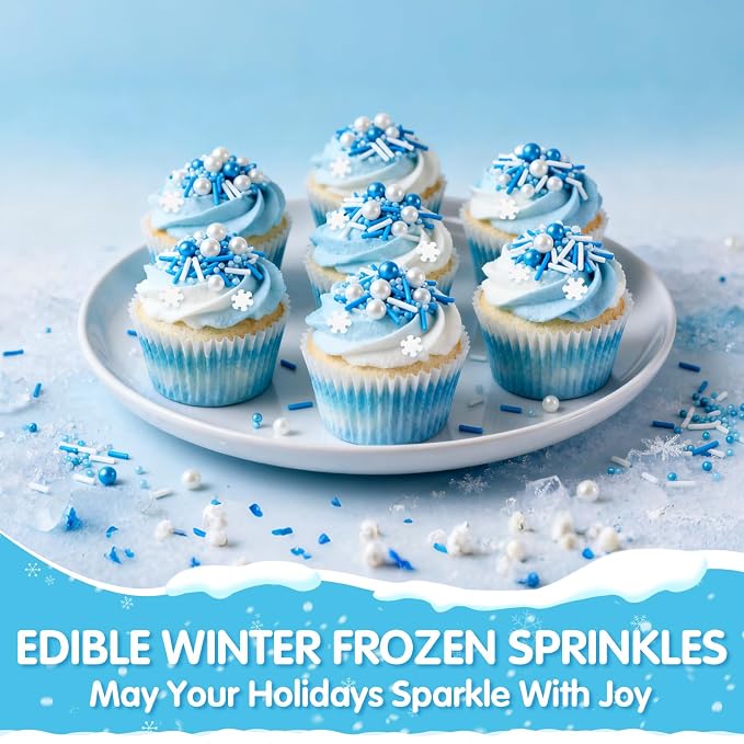 Edible White Snowflake Sprinkles,Blue White Nonpareils Pearls Jimmies Mix Sugar Sprinkle,130g,light Blue Sprinkle Snow Candy for Cake Decorating,Holiday Cake Decorations,Dessert,Cupcakes,Donuts,Cookies,Ice cream Toppers,Birthday Party,Mother's Day,Wint...